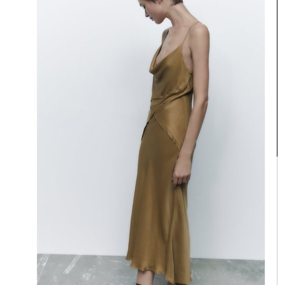 NWT ZARA SATIN LINGERIE STYLE DRESS DARK KHAKI - Picture 4 of 8